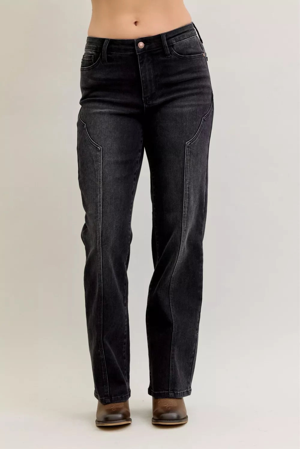 Mid Rise Straight Western Seam Detail Jeans in Bk for Women