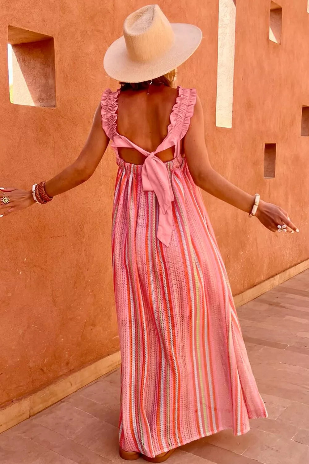Stripe Ruffled Straps Ribbon Knot Flowy Vacation Maxi Dress in Burnt Coral for Women