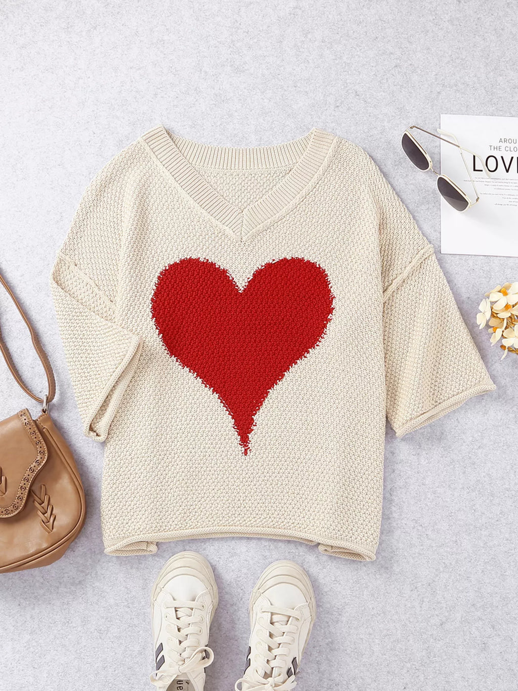 V-Neck Dropped Sleeve Heart Print Valentines Sweater for Women