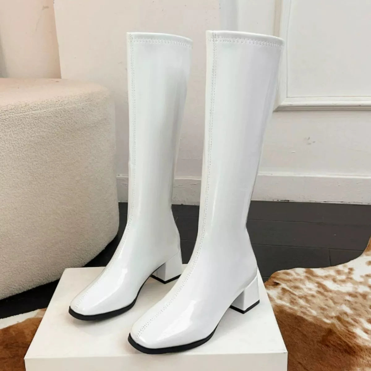 Square Toe Block Heels Boots in White for Women