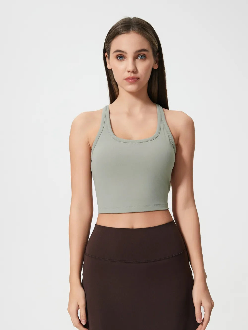 Scoop Neck Active Tank with Detachable Chest Pads in Caramel for Women