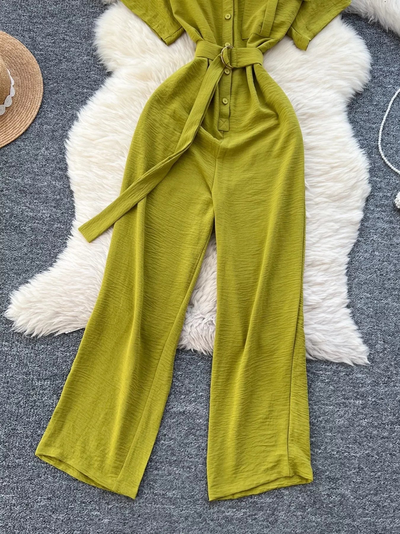 Red Button Front Wide Leg Jumpsuit for Women