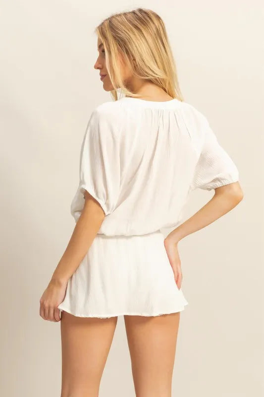 Drawstring Hem Short Sleeve Top and Skort Set in Off White for Women