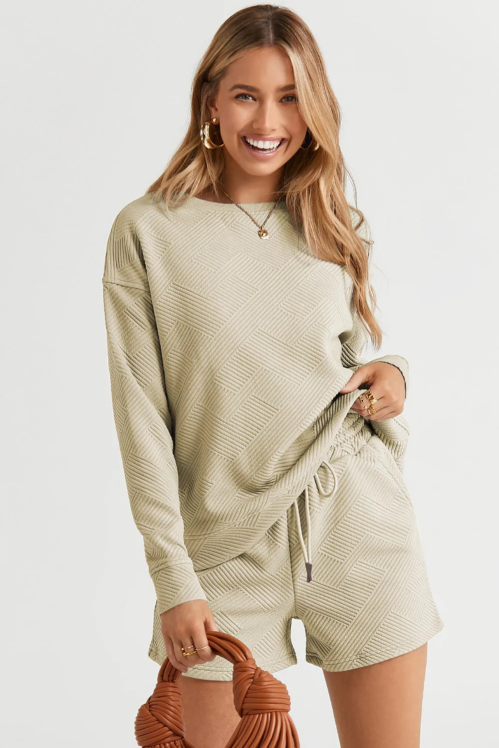 Plus Size Texture Long Sleeve Top and Drawstring Shorts Set in Tan for Women
