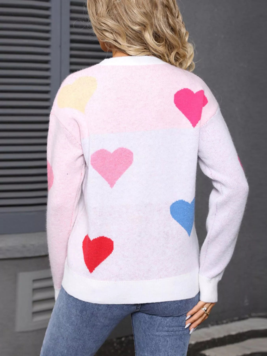 Valentines Day Heart Round Neck Dropped Shoulder Sweater in Pink for Women