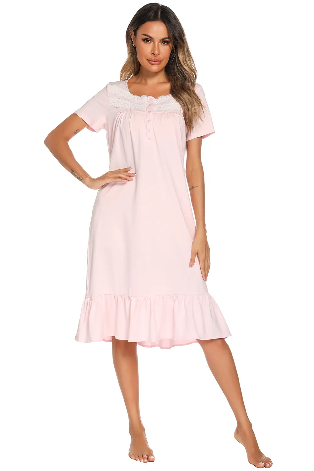 Lace Detail Square Neck Lounge Dress in White for Women