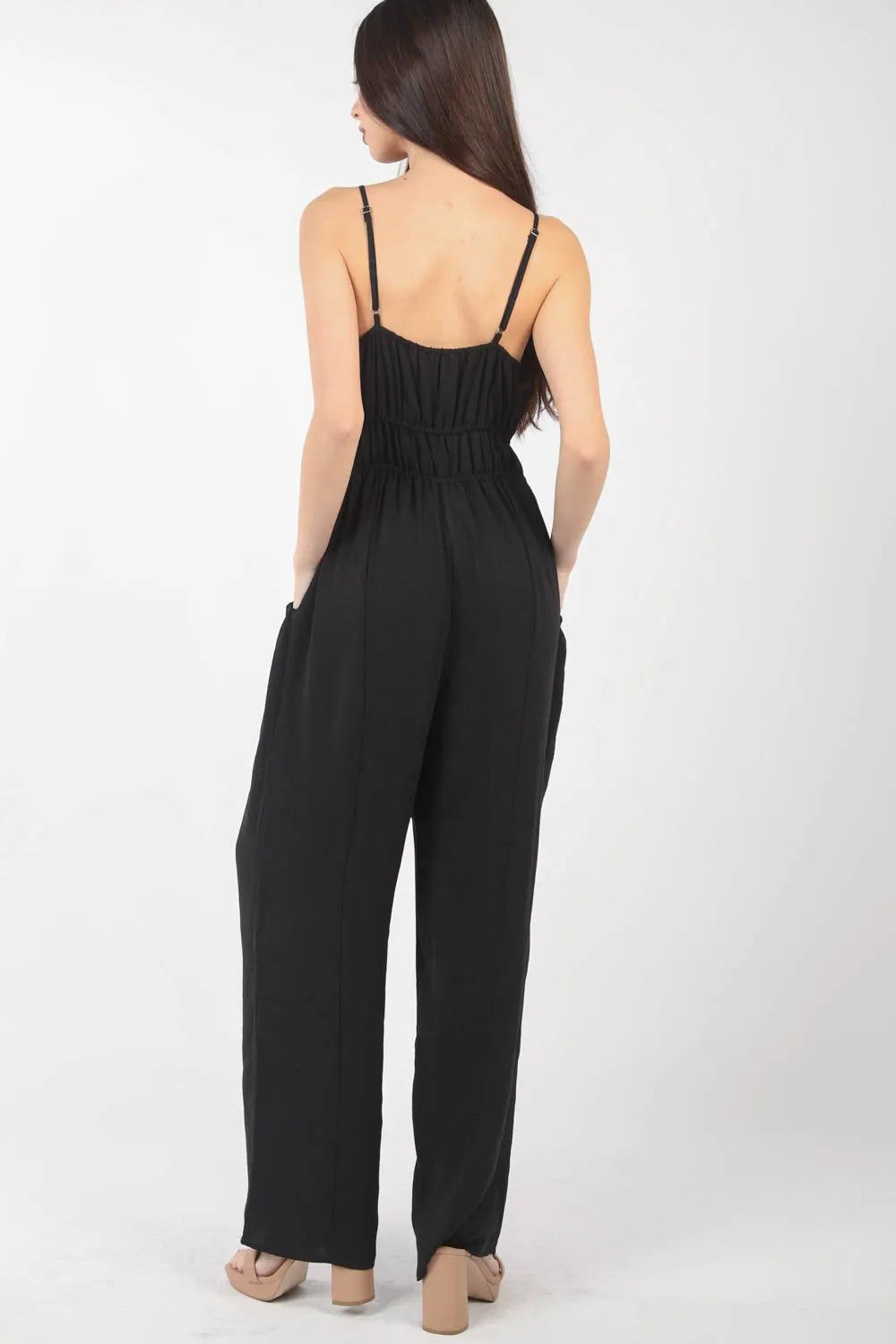 Pintuck Detail Woven Sleeveless Jumpsuit in Black for Women