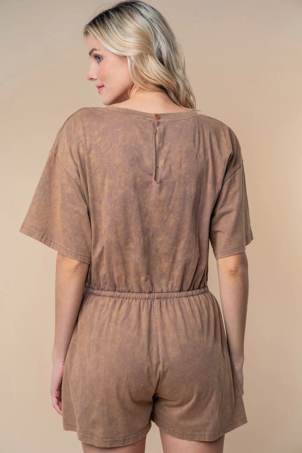 Plus Size Short Sleeve Drawstring Romper in Cocoa for Women