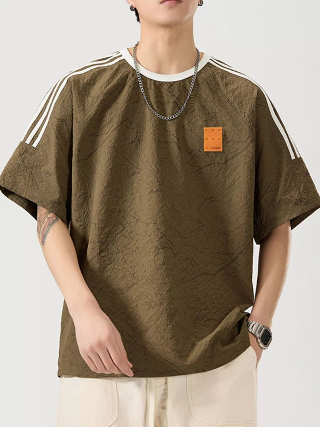 Striped Shoulder Relaxed Fit T-Shirt Plus Size in Deep Khaki for Men