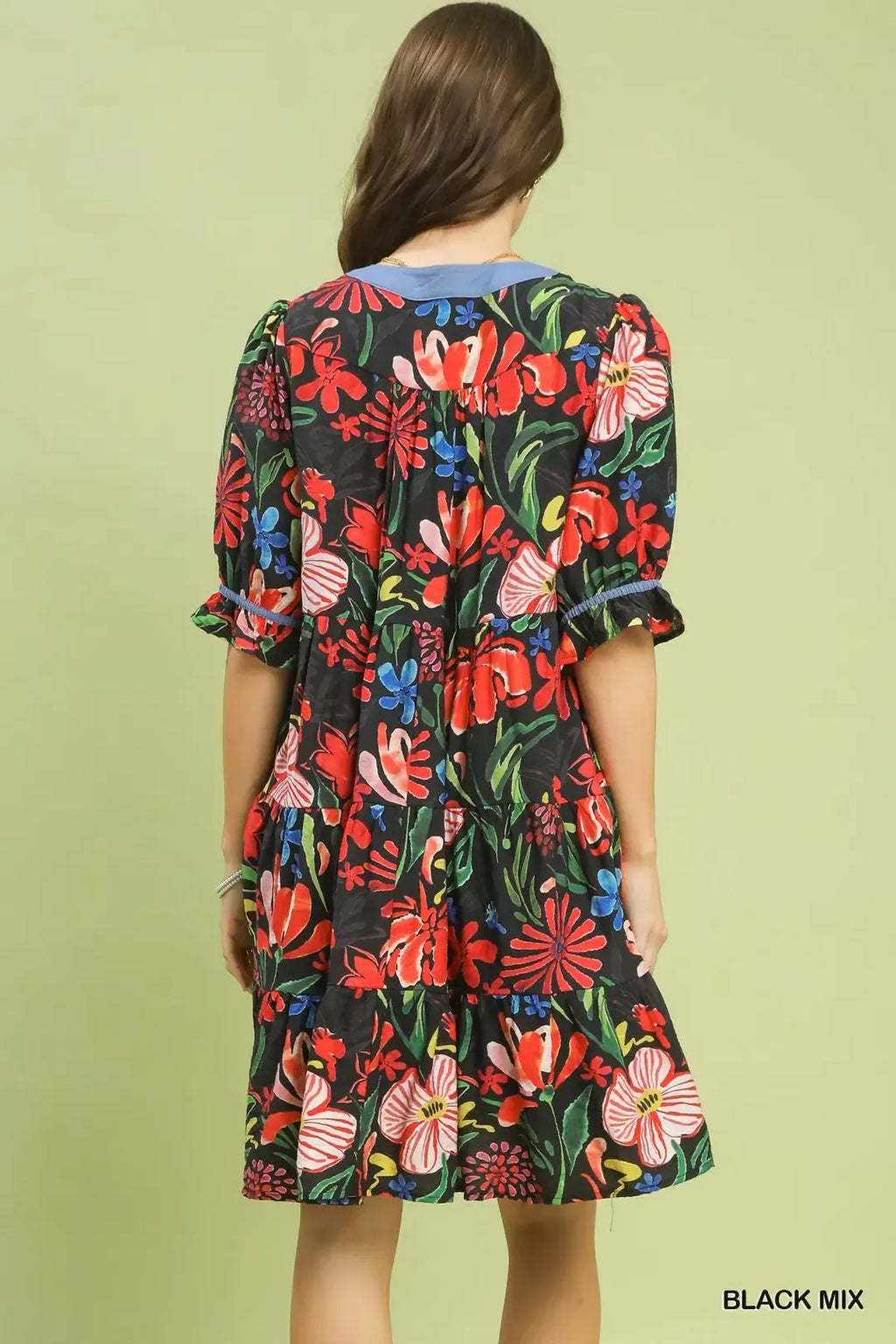 Floral Tiered Puff Sleeve Dress in Black Mix for Women