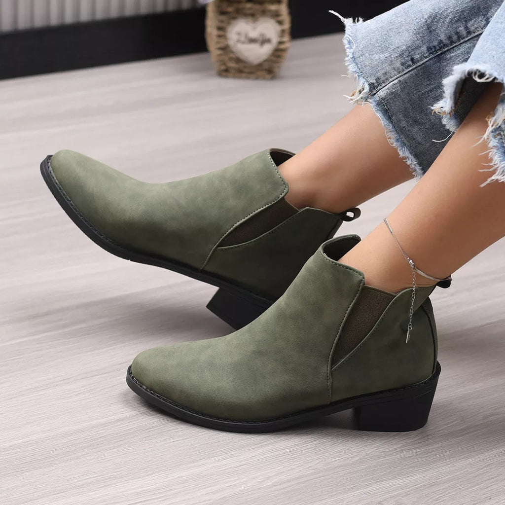 Point Toe Block Heels Ankle Boots in Black for Women