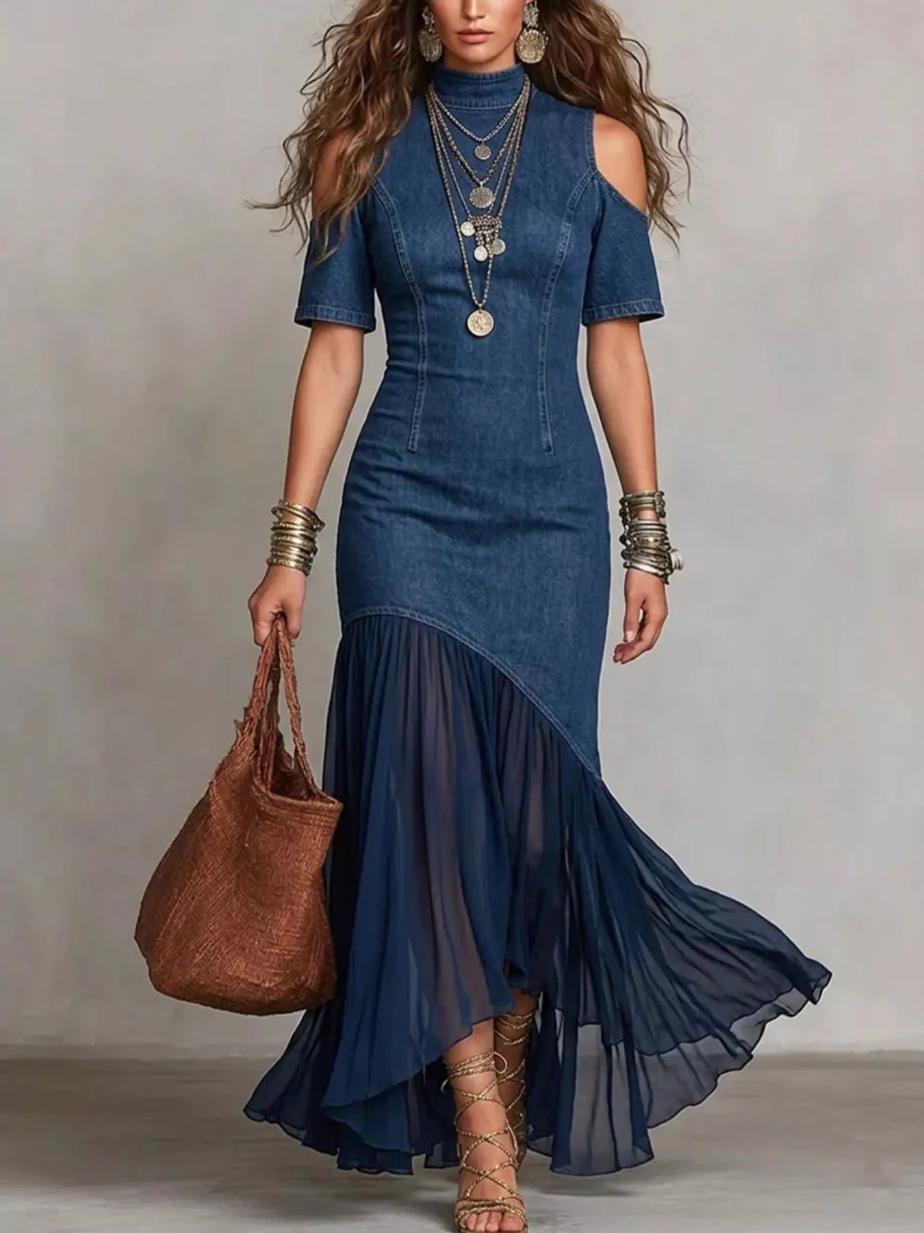 Mock Neck Cold Shoulder Ruffle Hem Maxi Dress in Dark Blue for Women