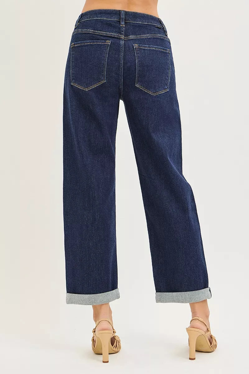 Slouchy Cropped Boyfriend Jeans with Cuffed Hem in Solid Dark for Women