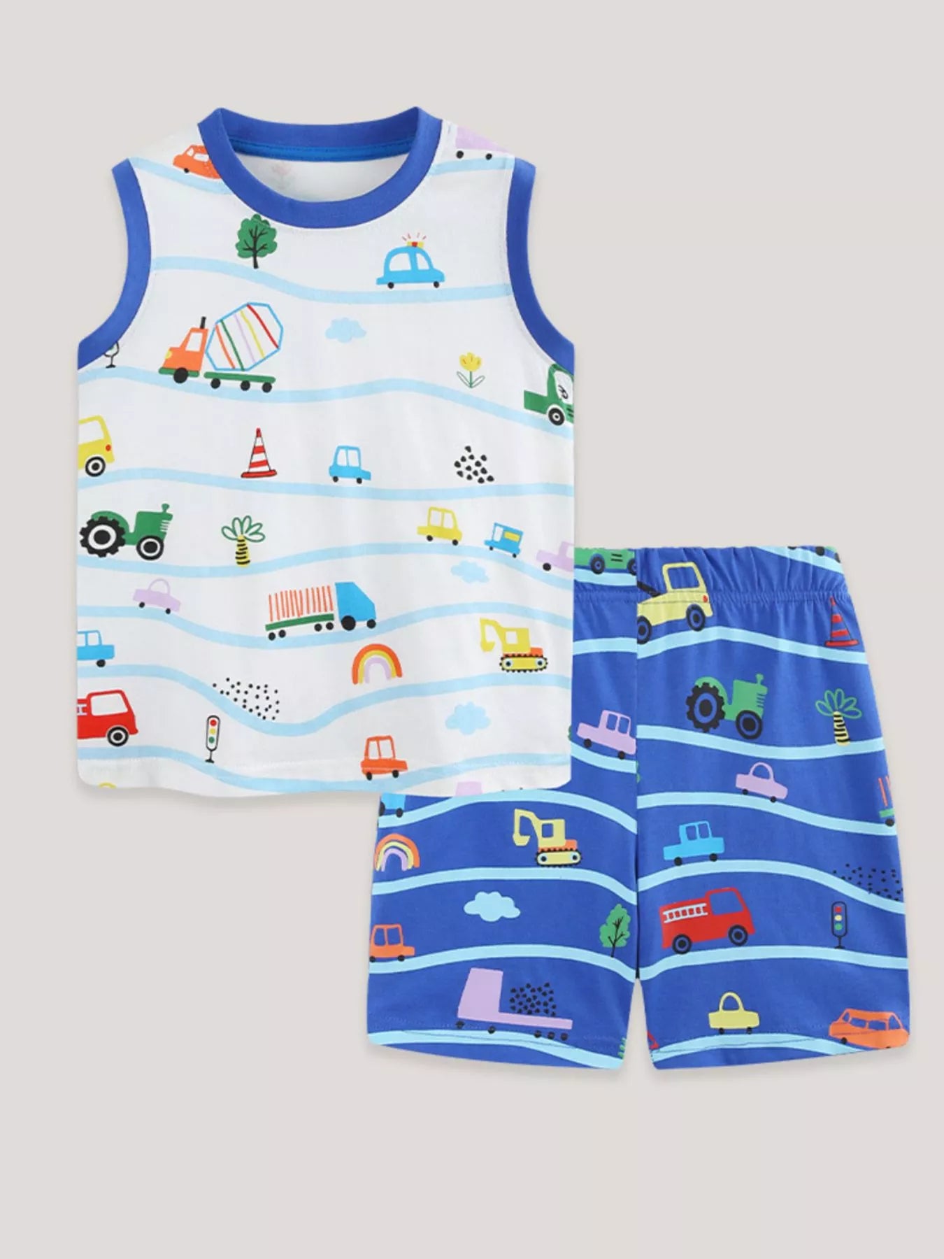 Cartoon Vehicle Print Sleeveless Top & Shorts Set in White for Boys