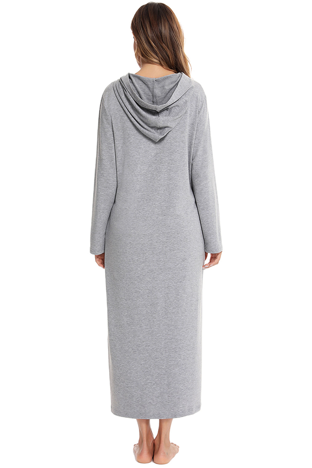 Zip Front Hooded Night Dress with Pockets in Light Gray for Women
