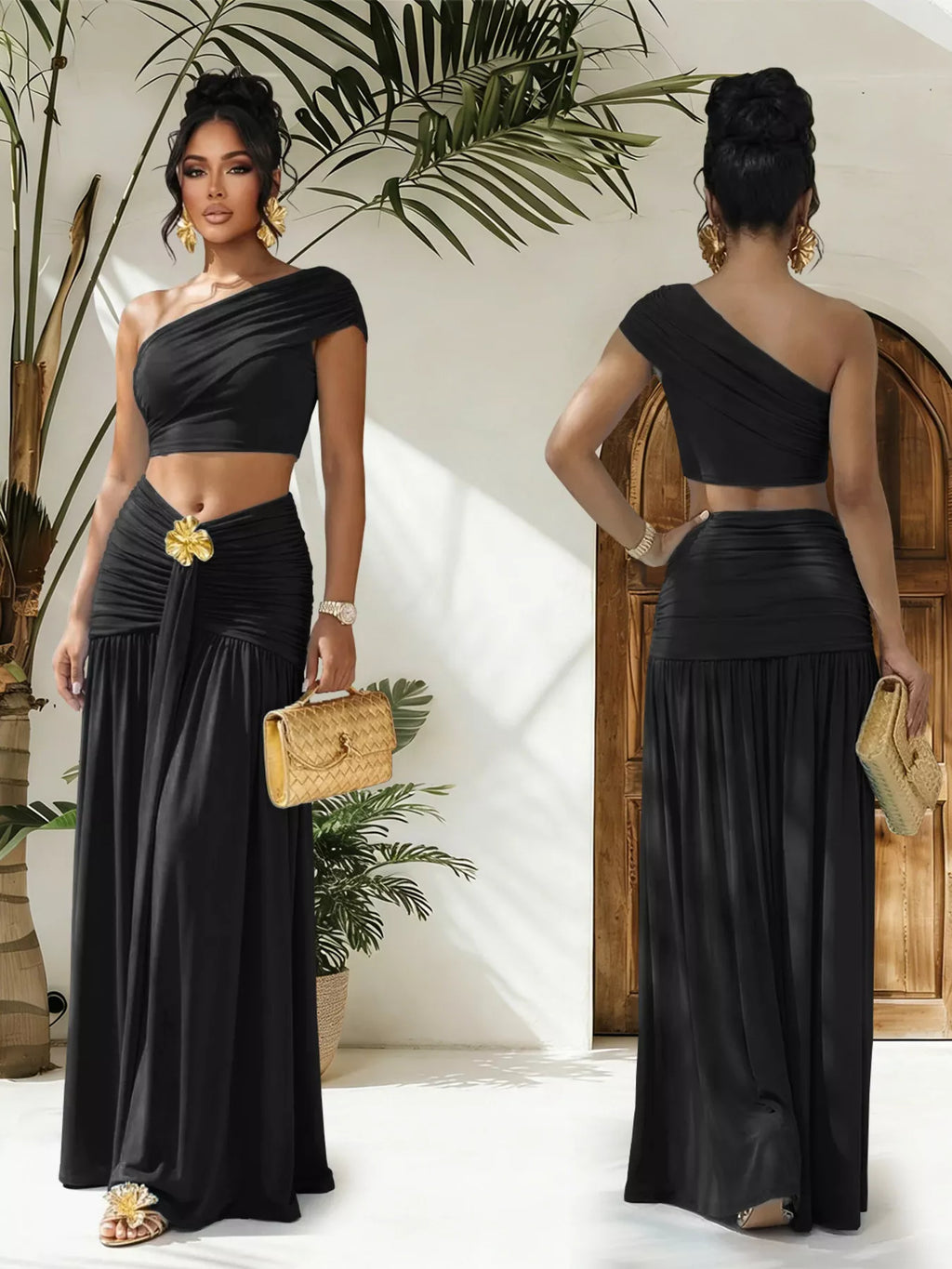 One-Shoulder Top and Ruched Maxi Skirt Set in Sky Blue for Women