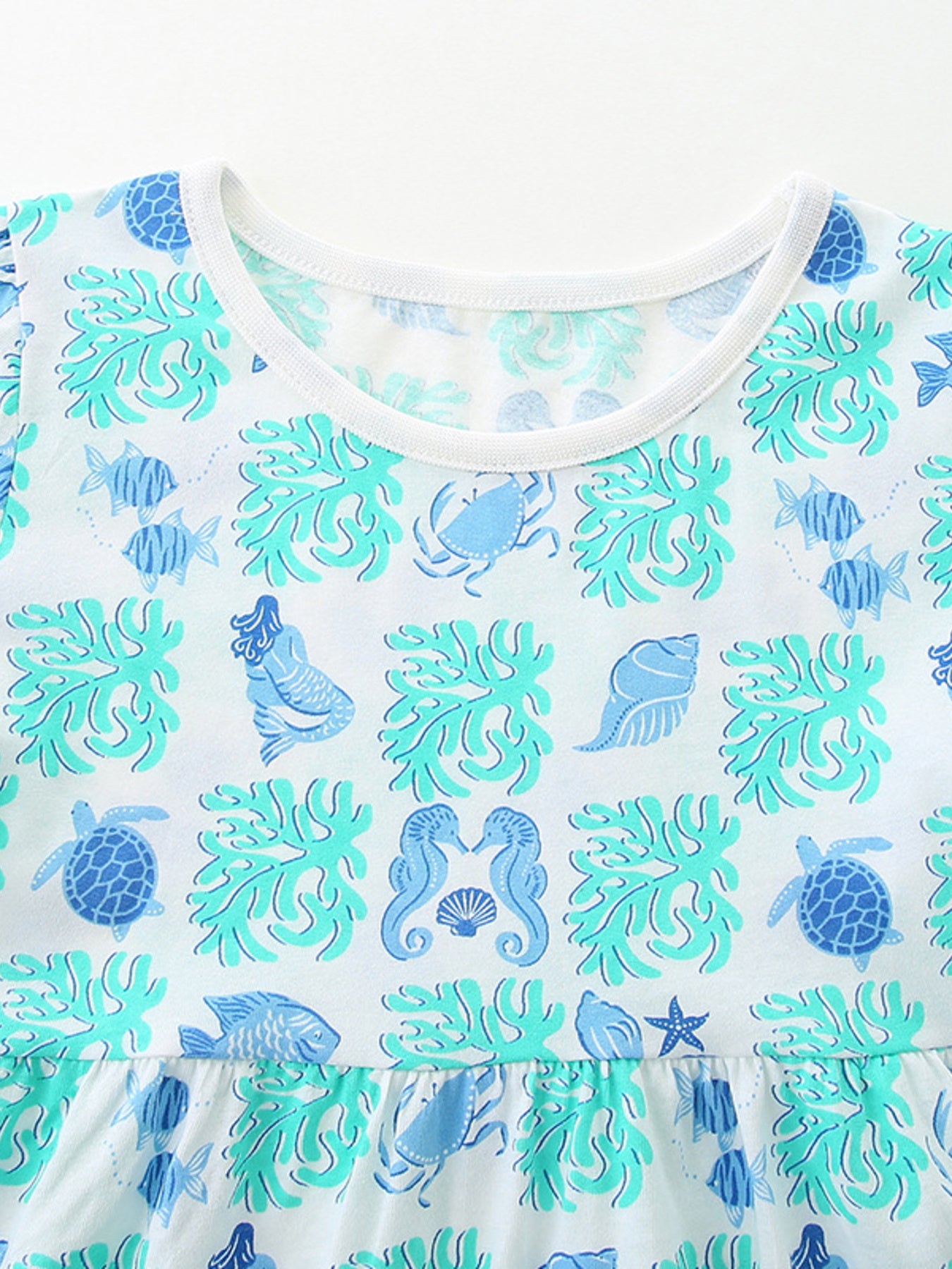 Ocean Print Casual Summer Dress in Aqua for Girls