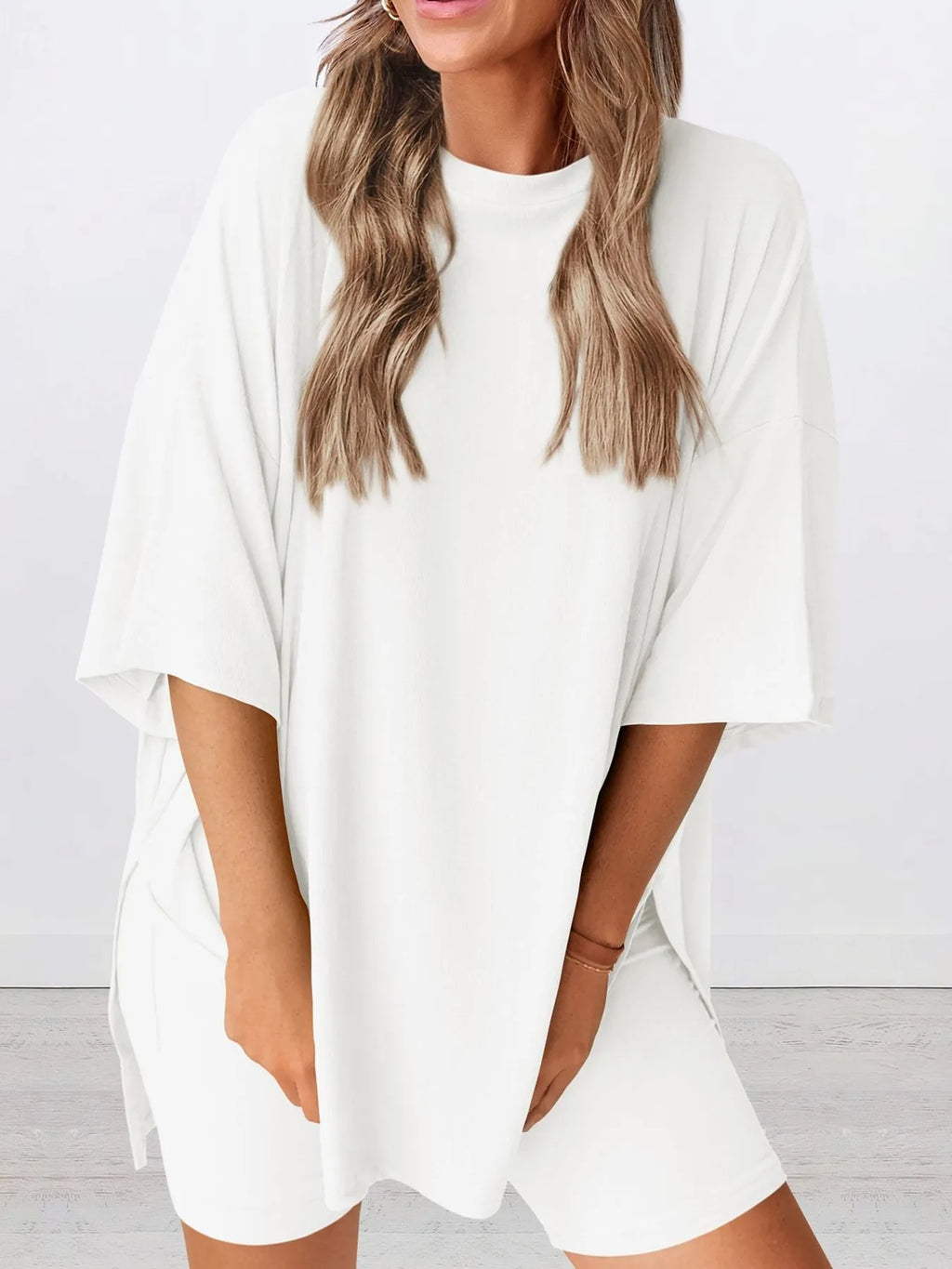 Oversized Slit Round Neck Top and Shorts Lounge Set Plus Size in Green for Women