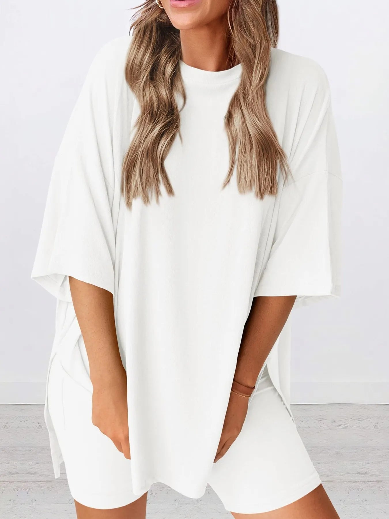 Oversized Slit Round Neck Top and Shorts Lounge Set Plus Size in Green for Women