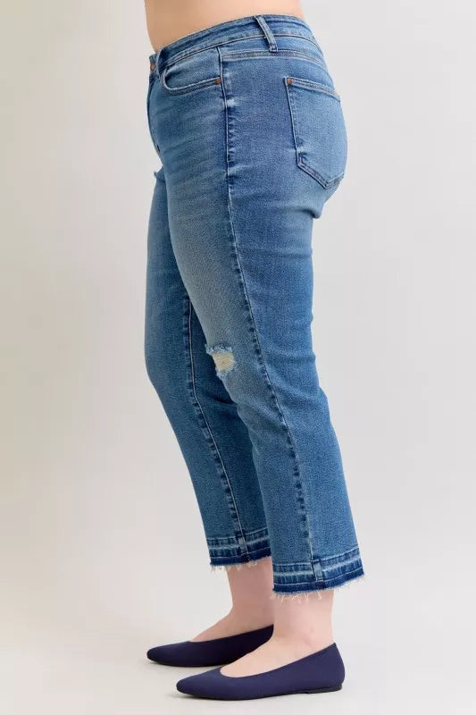 Mid Rise Bf Patch & Repair Destroy Release Hem Jeans Plus Size in Md for Women