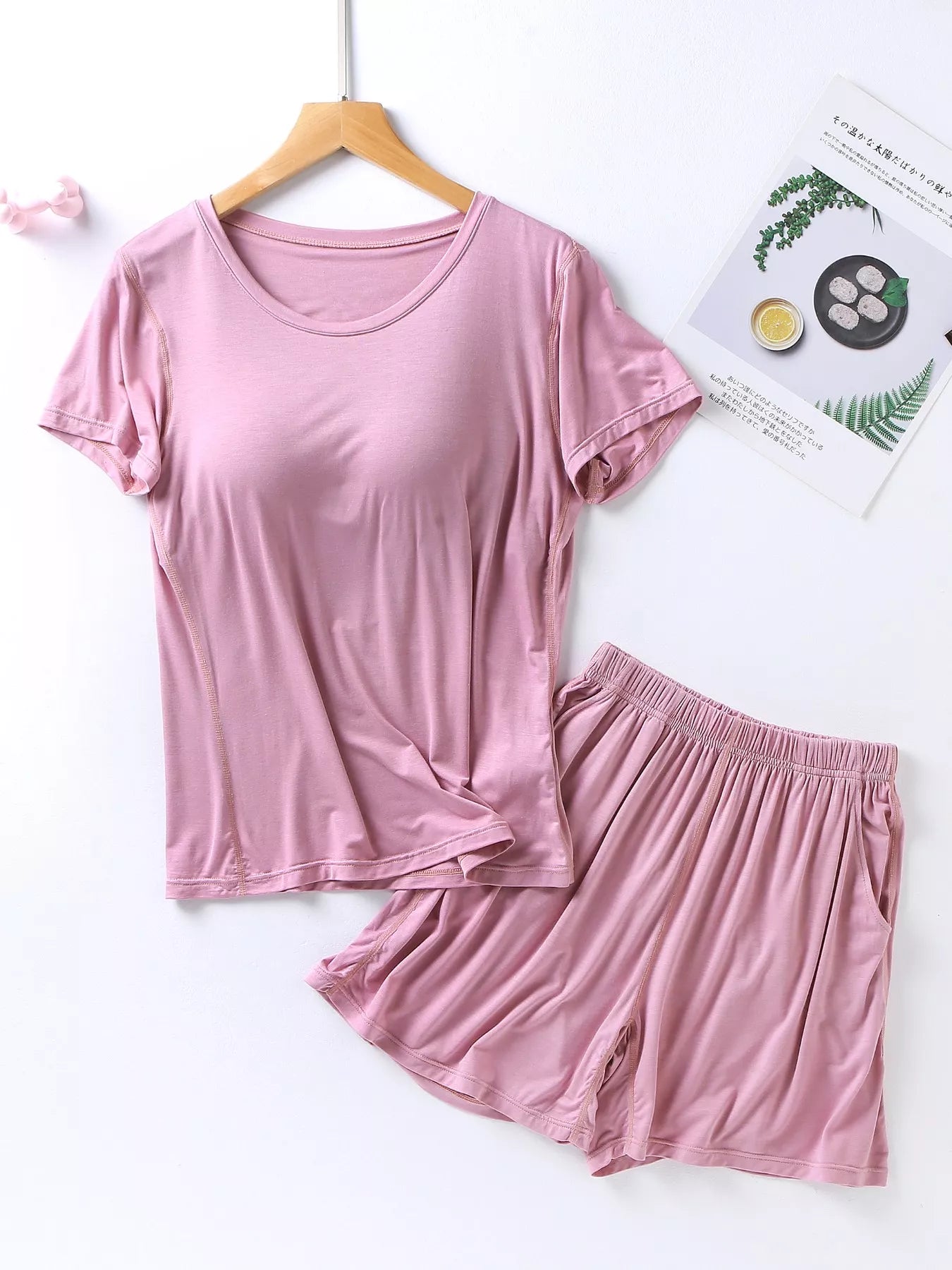 Plus Size Padded Round Neck Modal T-Shirt and Shorts Set in Black for Women