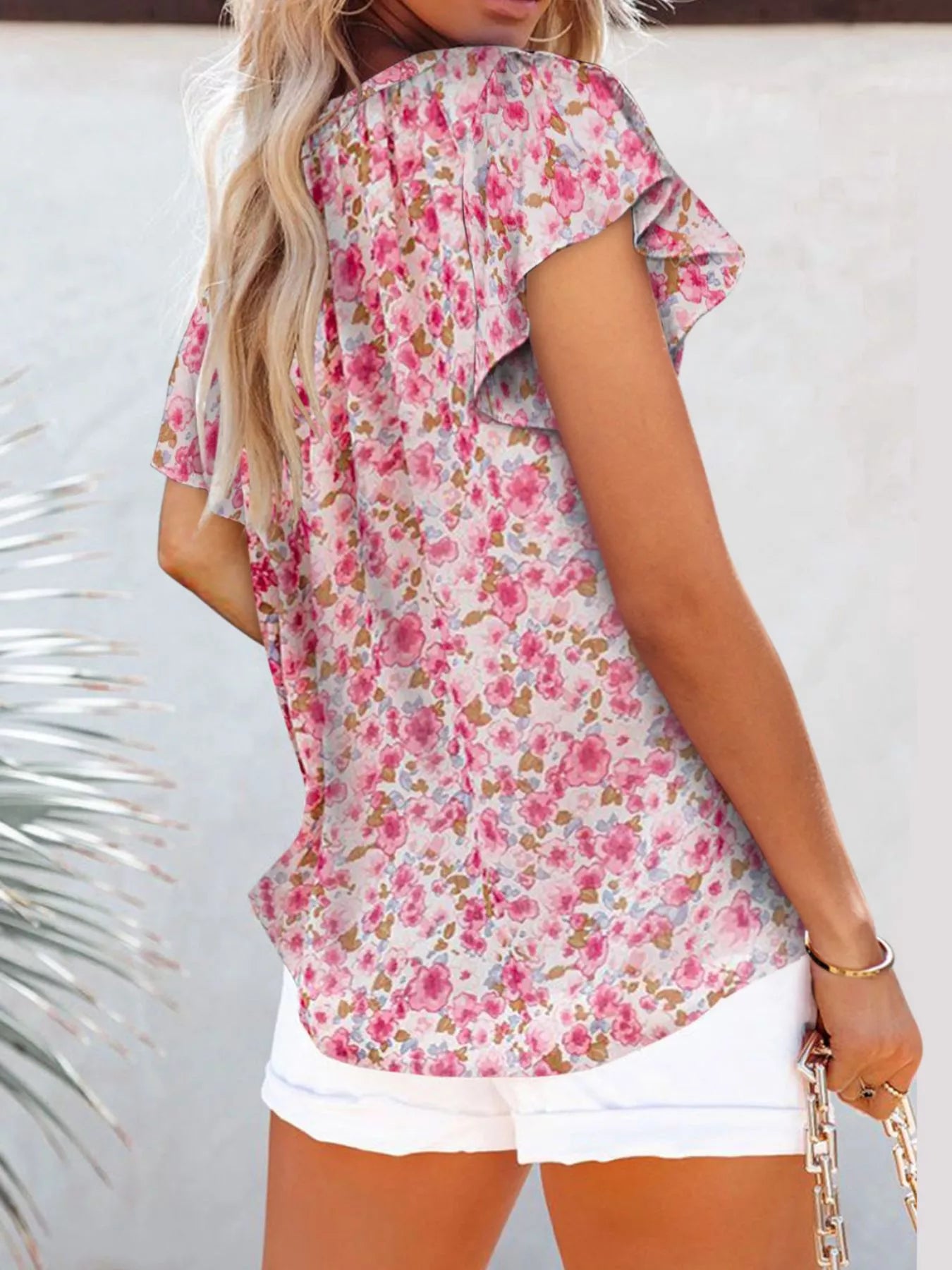 Floral Print Flutter Sleeve V-Neck Blouse Plus Size in Black for Women