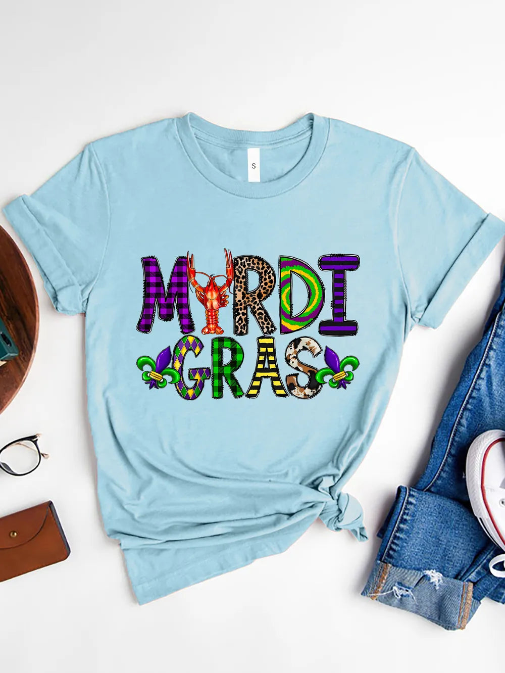 Mardi Gras Round Neck Short Sleeve T-Shirt in Dark Gray for Women