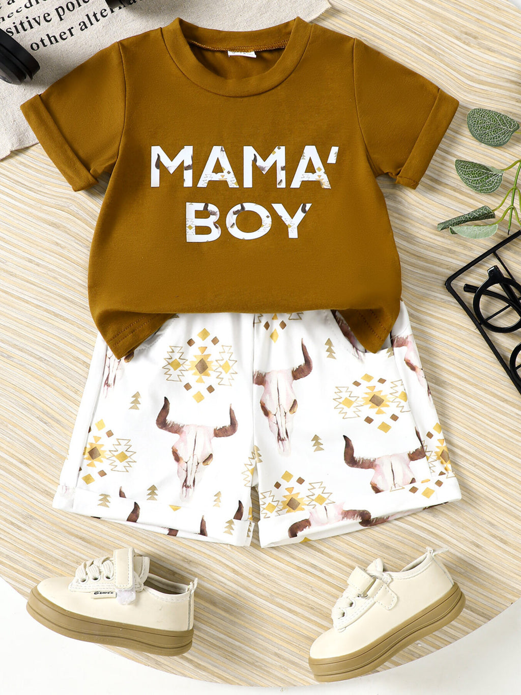 Mama Boy Graphic Casual Tee and Shorts Set in Caramel for Boys