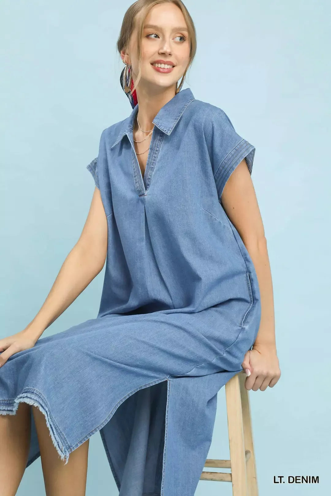 Stone Washed Collared Denim Midi Dress in Light Denim for Women