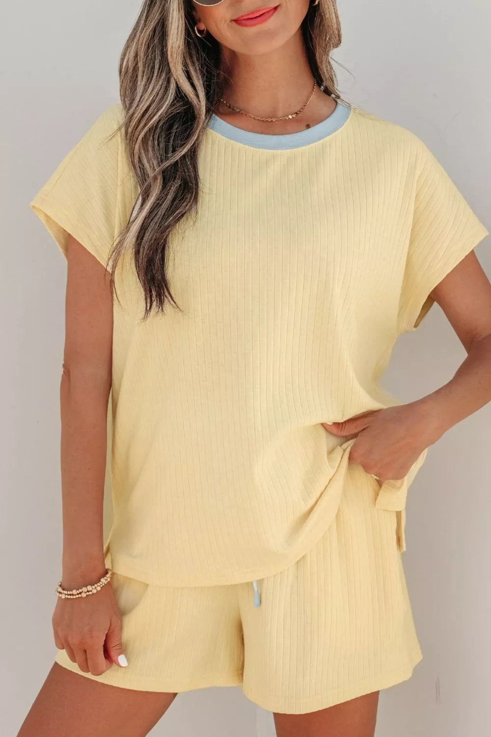 Soft Ribbed Color Block Trim Casual Shorts Set in Pastel Yellow for Women