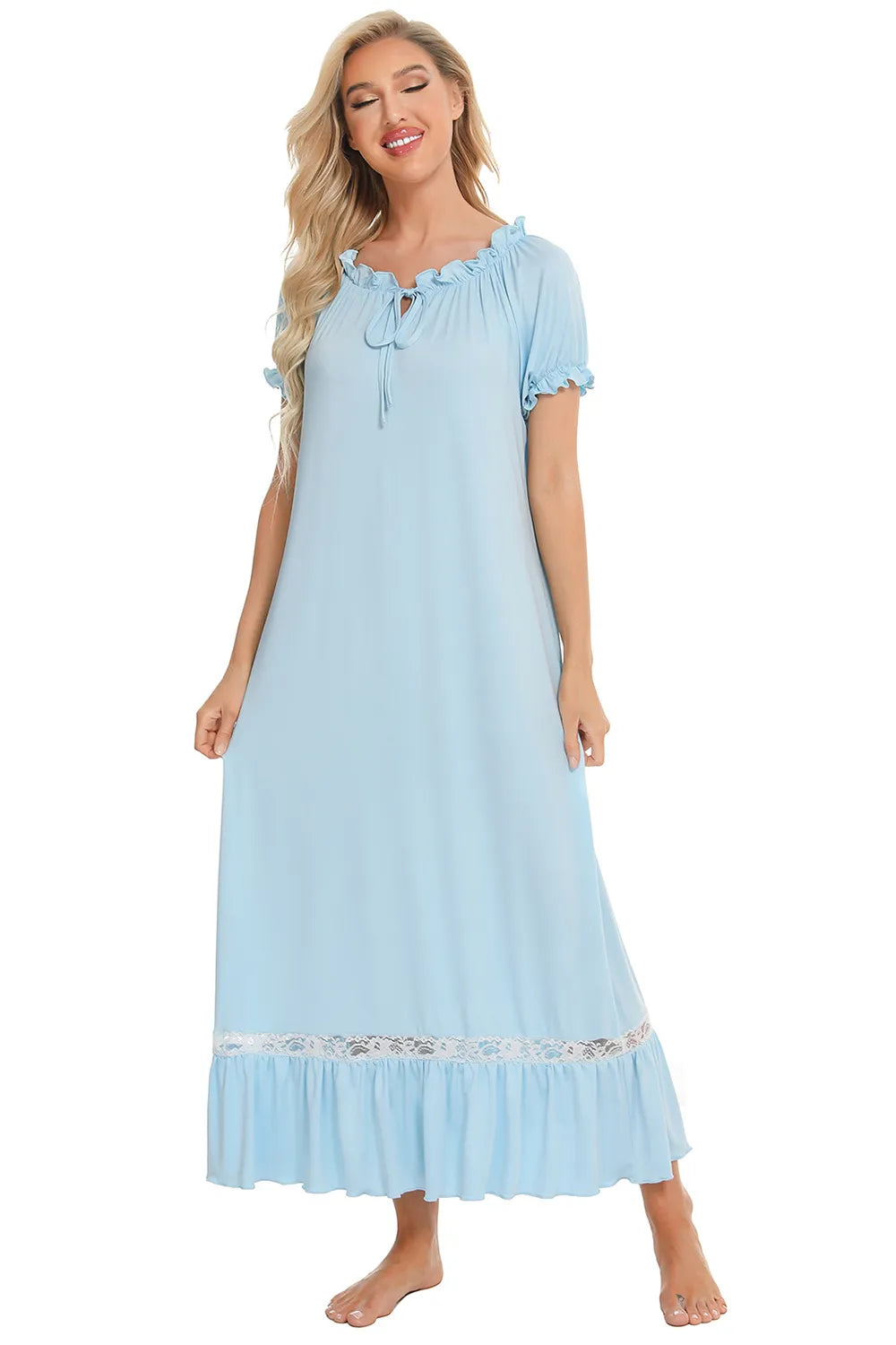 Lace Detail Short Sleeve Lounge Dress in Light Blue for Women