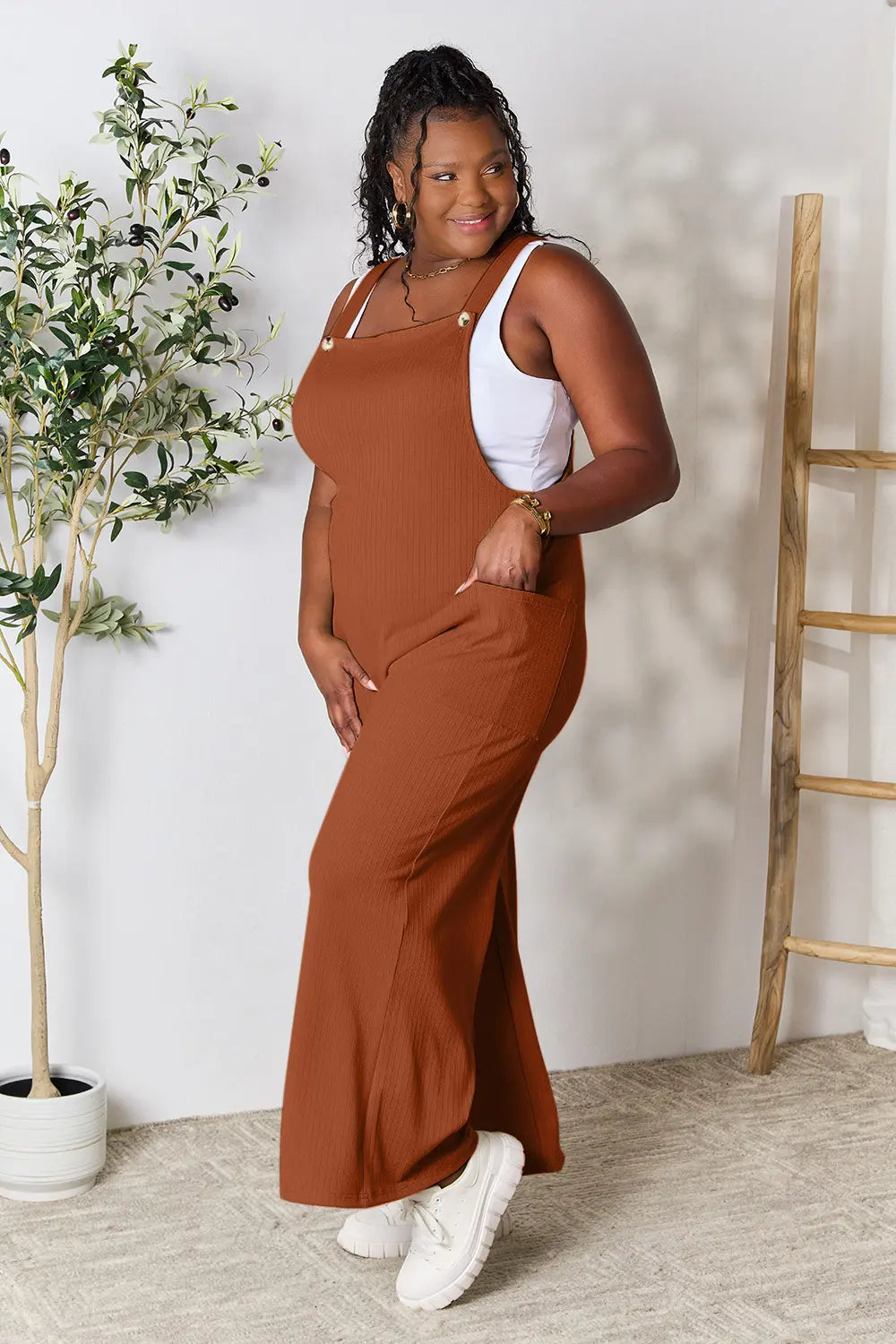 Plus Size Wide Strap Overall with Pockets in Ochre for Women