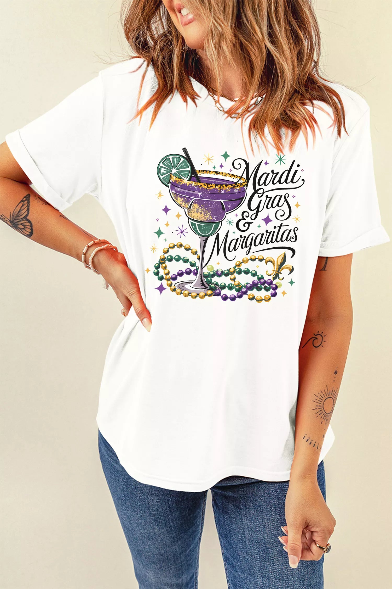 Mardi Gras Margaritas Cheerful Graphic Tee in White for Women
