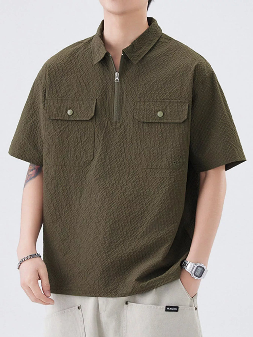 Quarter Zip Half Sleeve Polo in Olive for Men