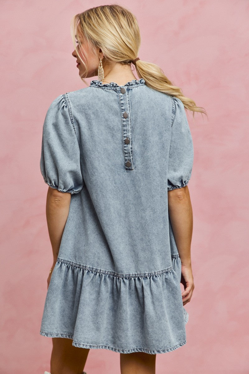 Denim Short Sleeves Mini Tiered Dress for Women