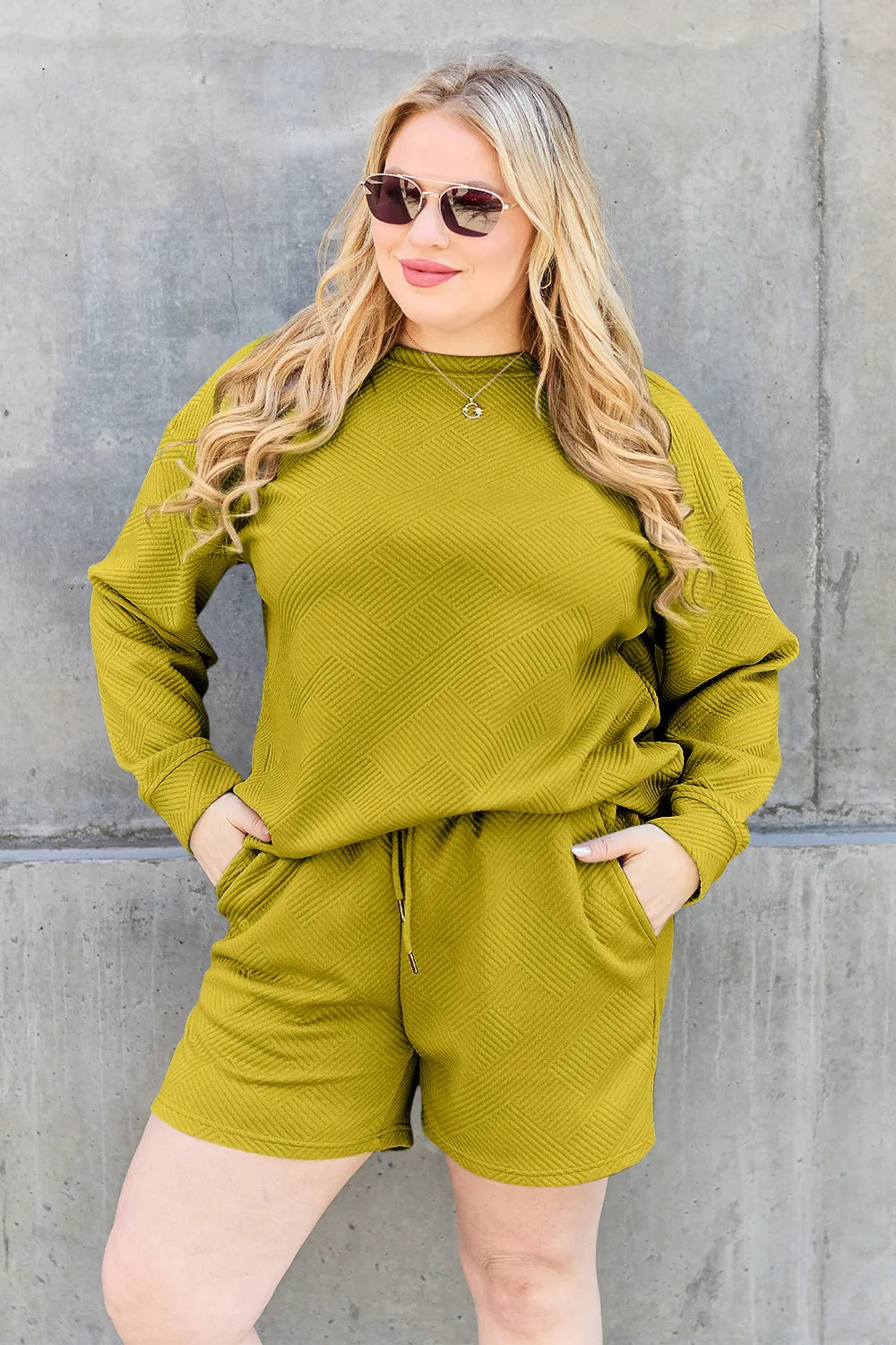 Plus Size Texture Long Sleeve Top and Drawstring Shorts Set in Tan for Women