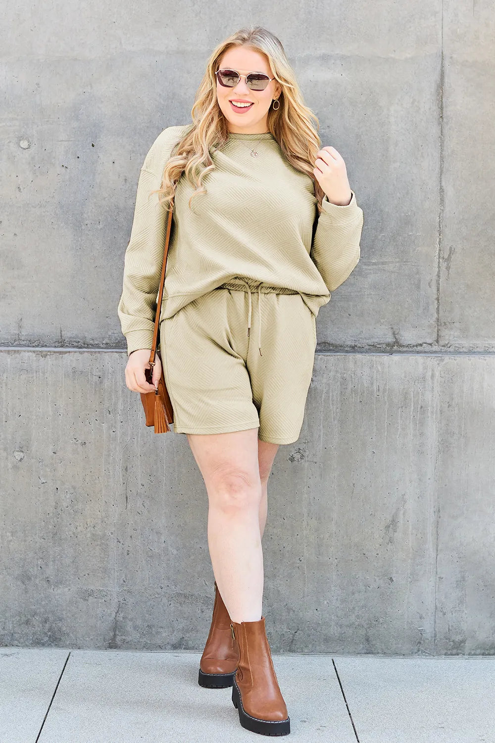 Plus Size Texture Long Sleeve Top and Drawstring Shorts Set for Women