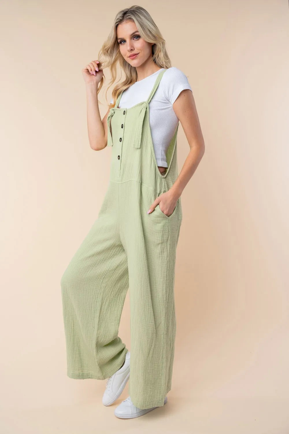 Texture Sleeveless Wide Leg Jumpsuit in Sage for Women