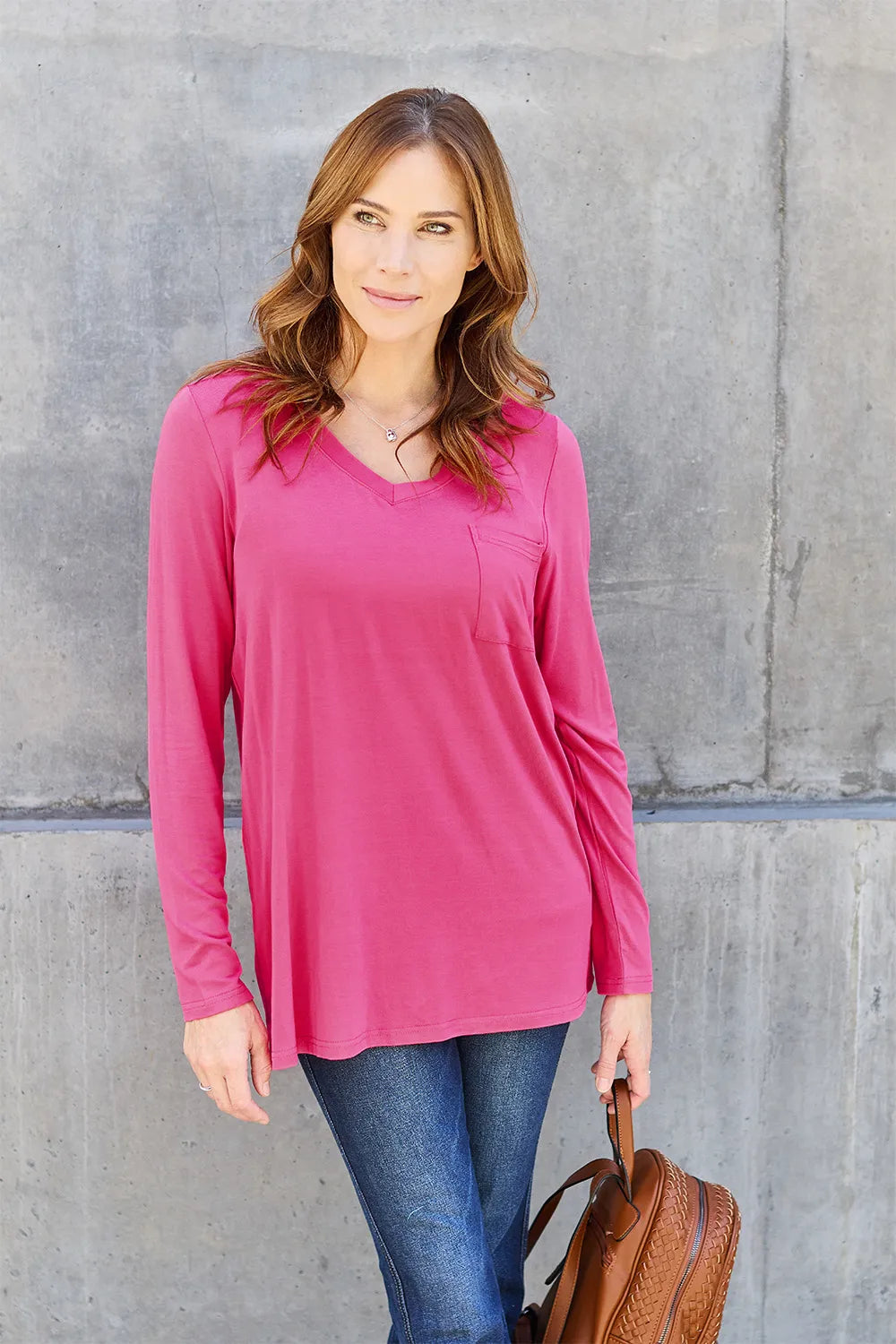 Plus Size V-Neck Long Sleeve Top in Hot Pink for Women