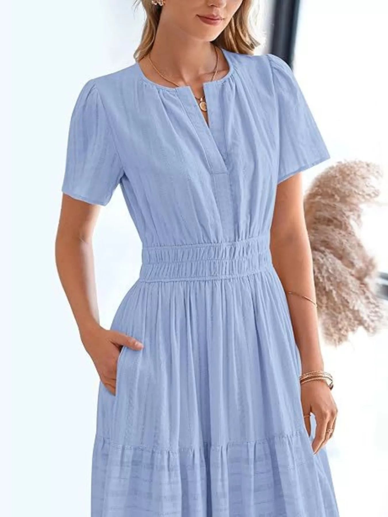 Plus Size Short Sleeve Tiered Midi Dress in Dusty Pink for Women