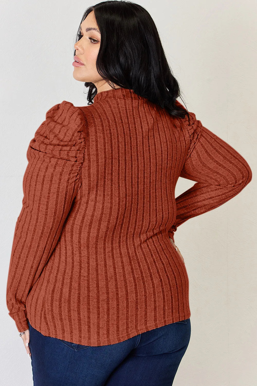 Plus Size Ribbed Mock Neck Puff Sleeve T-Shirt in Rust for Women