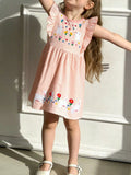 Embroidered Bunny Ruffle Sleeve Dress in Watermelon Pink for Girls