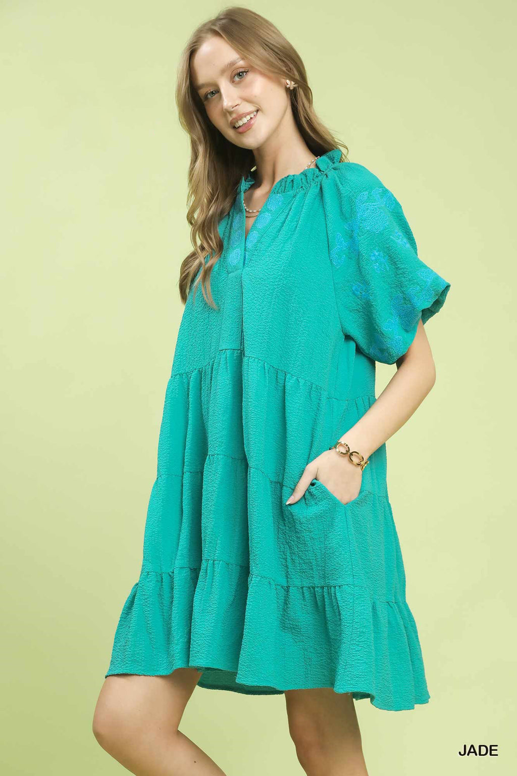 Embroidered Tiered Puff Sleeve Mini Dress in Jade for Women