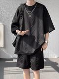 Plus Size Textured Relaxed Fit Top and Shorts Set in Black for Men