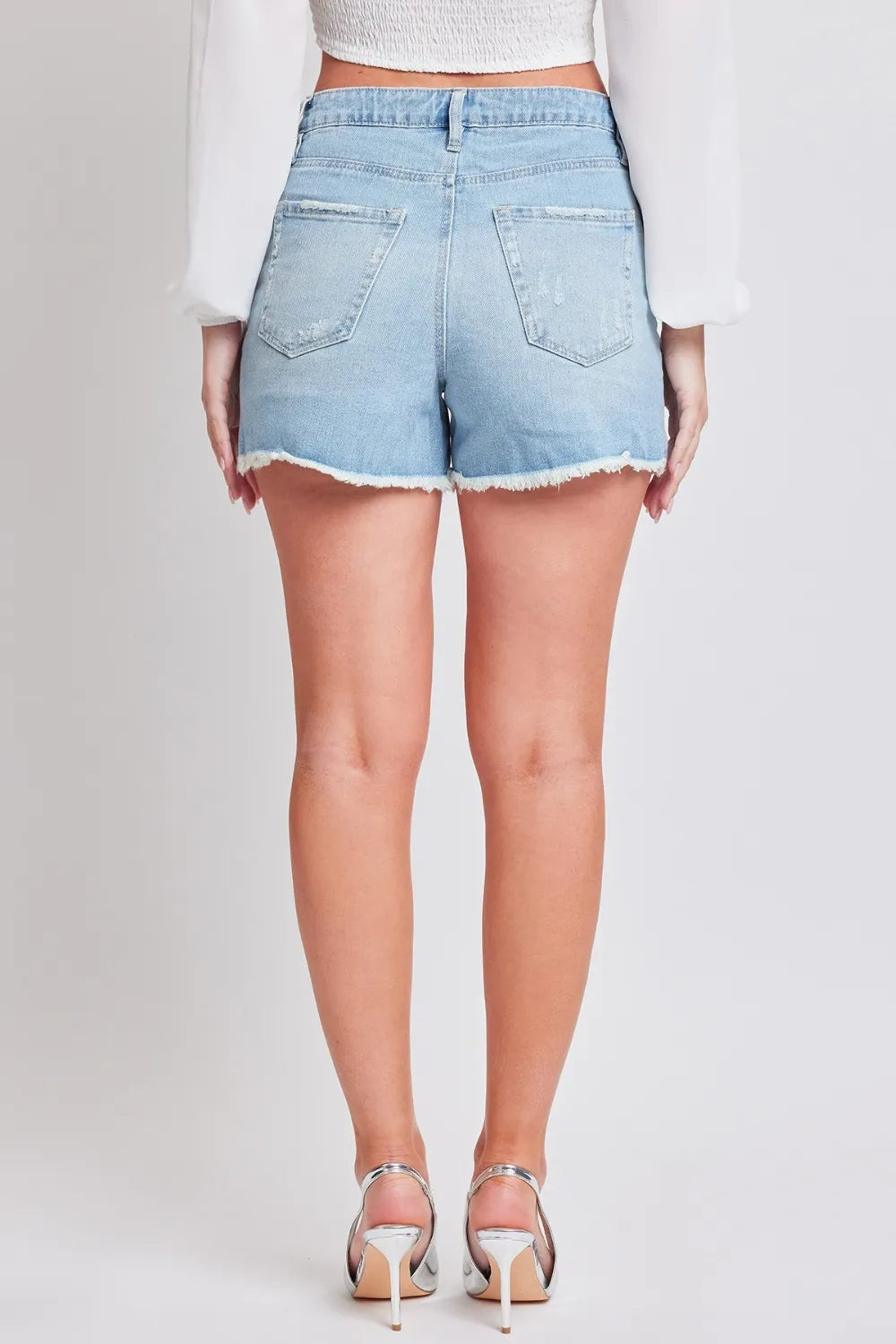 Ymi Jeanswear Distressed Frayed Hem Denim Shorts in Medium Wash for Women