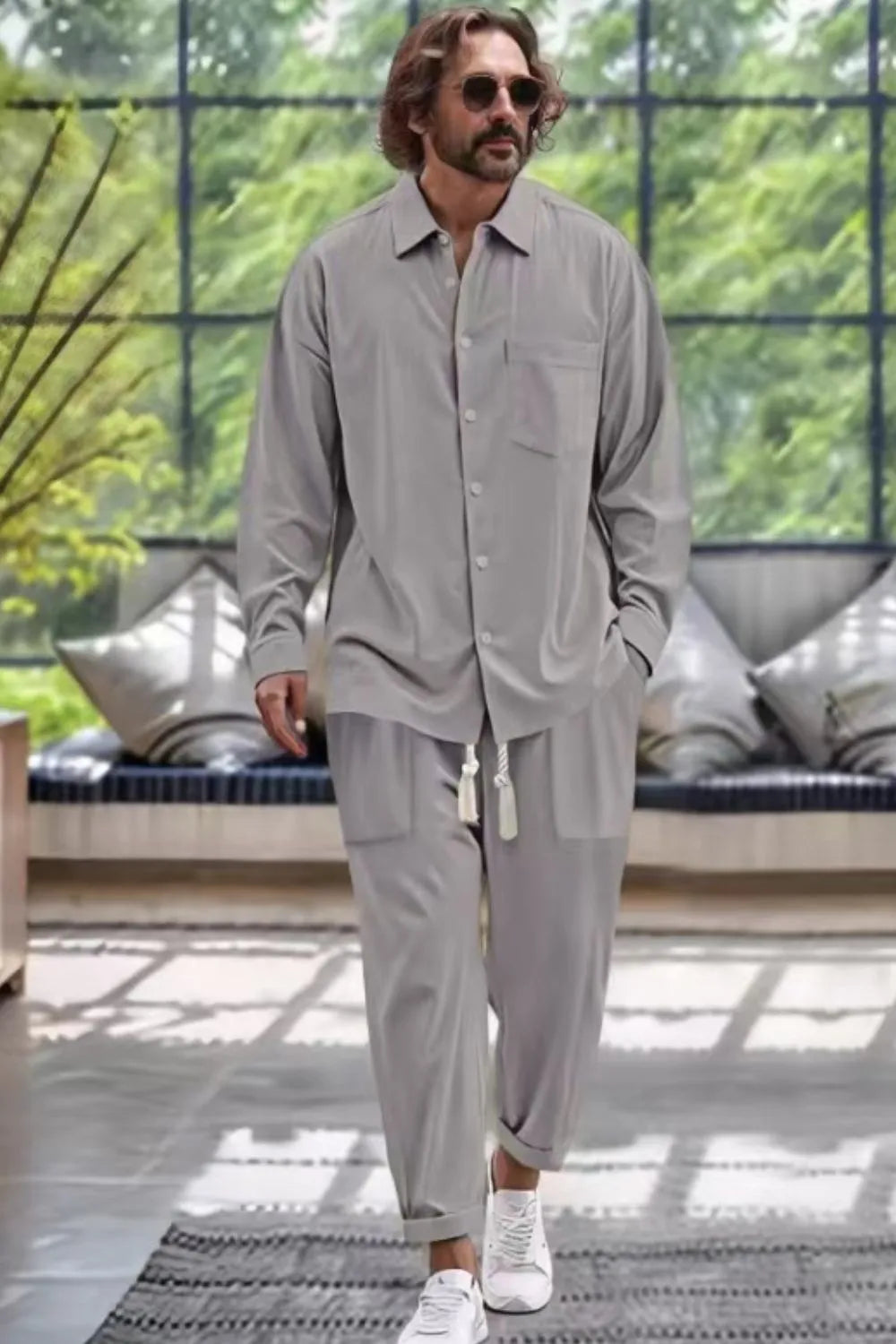 Collared Neck Long Sleeve Top and Pants Set Plus Size in Navy for Men