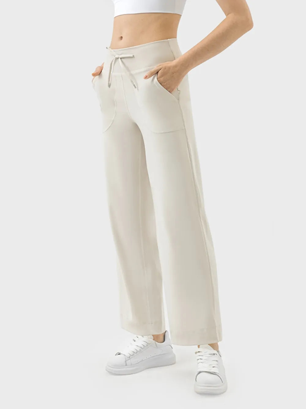 Drawstring Active Pants with Pockets in Dusty Blue in Cream for Women