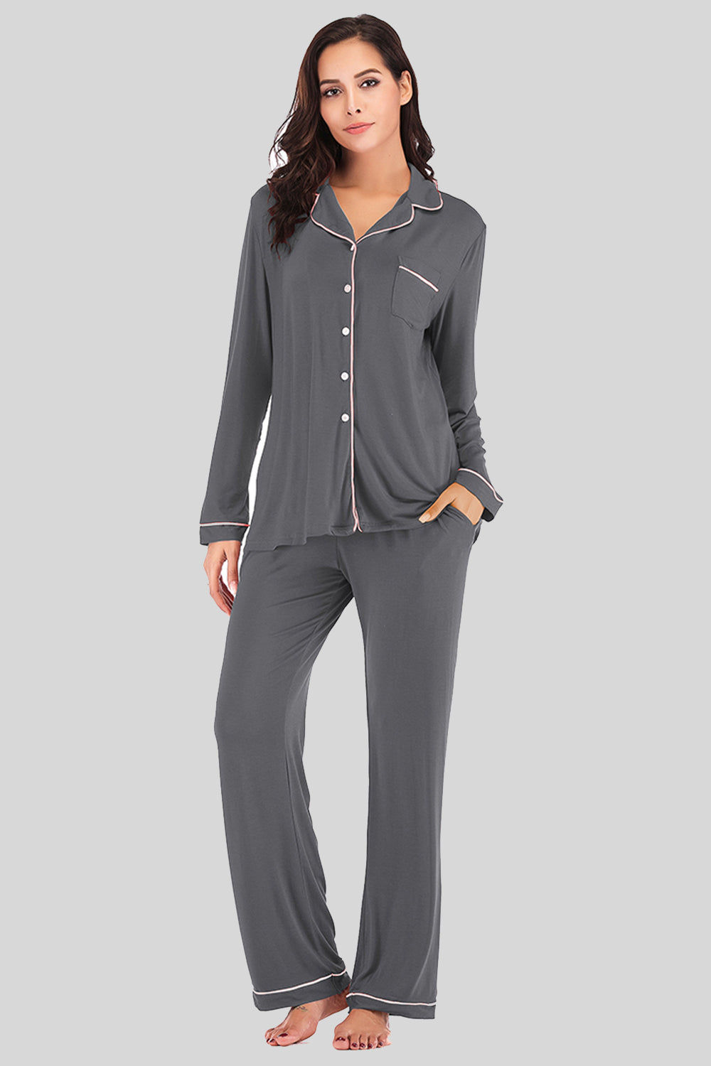 Collared Neck Long Sleeve Loungewear Set with Pockets in Black for Women