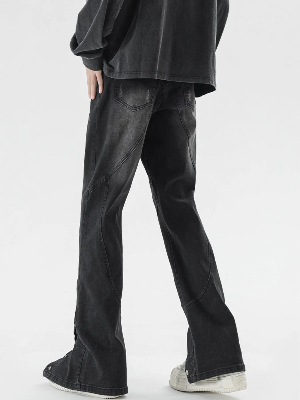 Plus Size Washed Flare Jeans with Snap-Down Hem in Black for Men