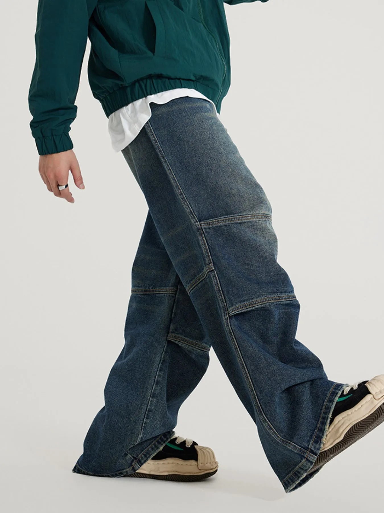 Vintage Wide Leg Utility Jeans with Multi-Panel Design in Cheese Yellow for Men